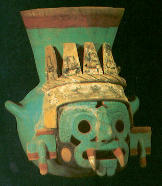 A ceramic polychrome vessel depicting rain god Tlaloc